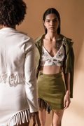 Olive Green Co-ord 2-Piece Set at Kamakhyaa by Meko Studio. This item is Co-Ord Sets, Cotton, Deadstock Fabrics, Fusion Wear, July Sale, July Sale 2023, Lycra, Olive Green, Regular Fit, Skirt Sets, Solids, Vacation, Vacation Co-ords, Verao SS-22/23, Womenswear
