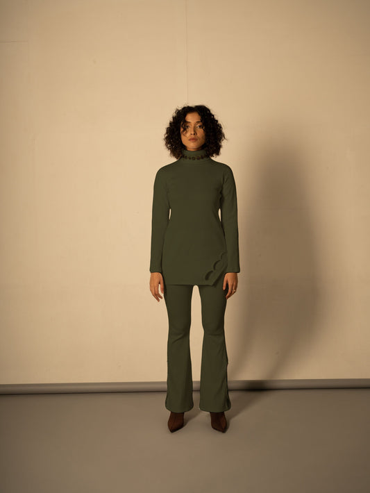 Olive Green Co-ord Set at Kamakhyaa by Meko Studio. This item is Casual Wear, Co-Ord Sets, Cotton, July Sale, July Sale 2023, Office, Office Wear Co-ords, Olive Green, Relaxed Fit, Solids, Tranquil AW-22/23, Womenswear