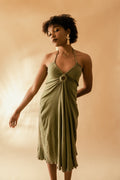 Olive Green Cotton Midi Dress at Kamakhyaa by Meko Studio. This item is Cotton, Deadstock Fabrics, Evening Wear, July Sale, July Sale 2023, Lycra, Midi Dresses, Regular Fit, Sleeveless Dresses, Solids, Strap Dresses, Verao SS-22/23, Womenswear