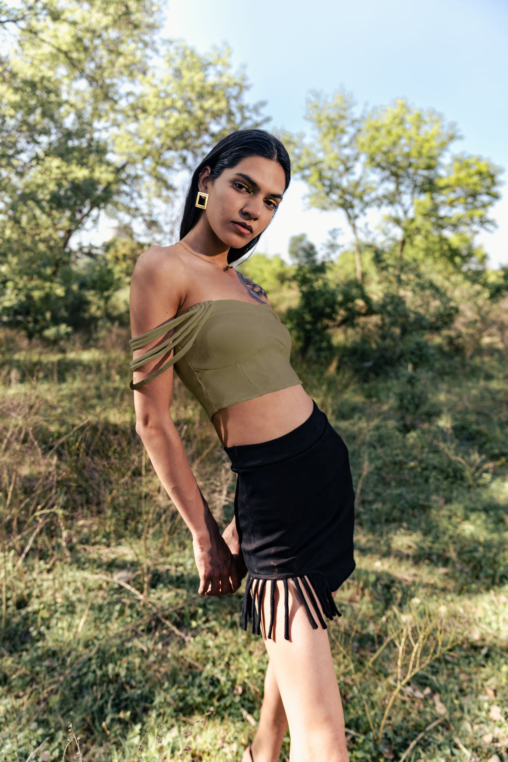 Olive Green Crop Top at Kamakhyaa by Meko Studio. This item is Cotton, Crop Tops, Deadstock Fabrics, Evening Wear, July Sale, July Sale 2023, Lycra, Off-shoulder Tops, Olive Green, Slim Fit, Solids, Verao SS-22/23, Womenswear