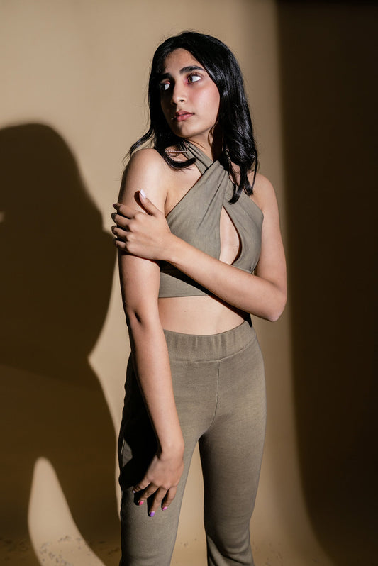 Olive Green Crop Top at Kamakhyaa by Meko Studio. This item is Cotton Terry, Crop Tops, Deadstock Fabrics, Evening Wear, Halter Neck Tops, July Sale, July Sale 2023, Olive Green, Reroot AW-21/22, Slim Fit, Solids, Womenswear