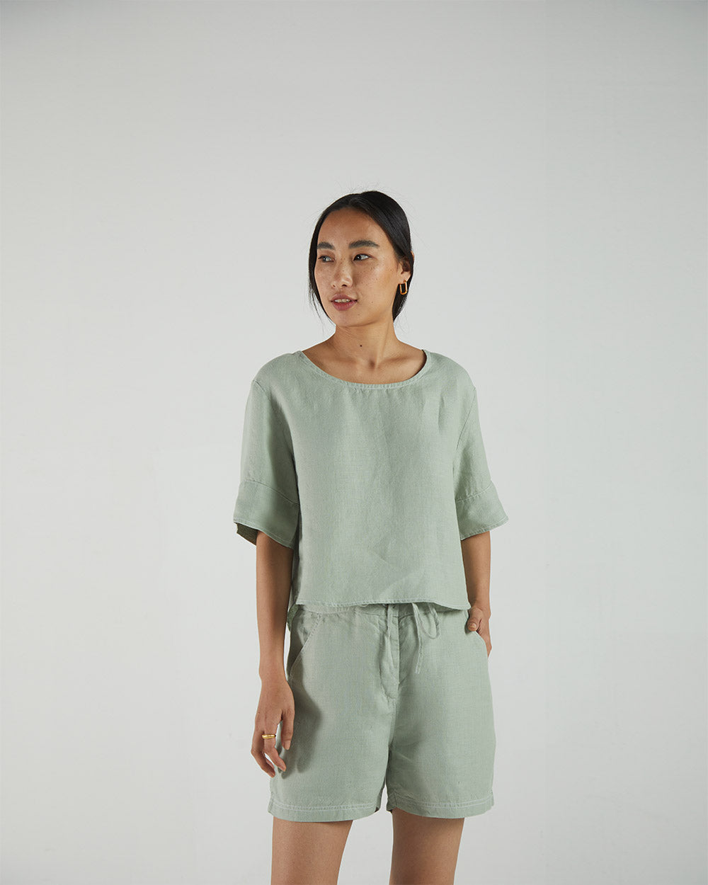 Olive Green Crop Top at Kamakhyaa by Reistor. This item is Bemberg, Casual Wear, Crop Tops, Green, Hemp, Natural, Regular Fit, Solids, Tops, Womenswear