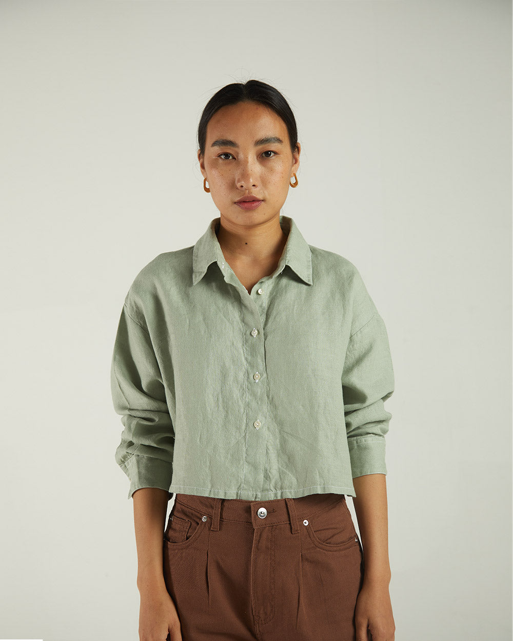 Olive Green Crop Top at Kamakhyaa by Reistor. This item is Bemberg, Casual Wear, Crop Tops, Green, Natural, Regular Fit, Shirts, Solids, Tops, Womenswear