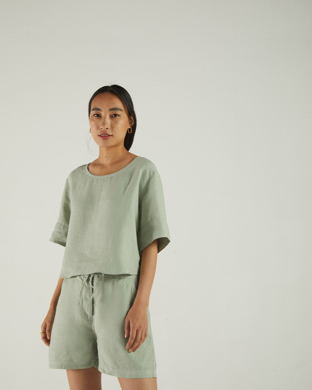 Olive Green Crop Top at Kamakhyaa by Reistor. This item is Bemberg, Casual Wear, Crop Tops, Green, Hemp, Natural, Regular Fit, Solids, Tops, Womenswear