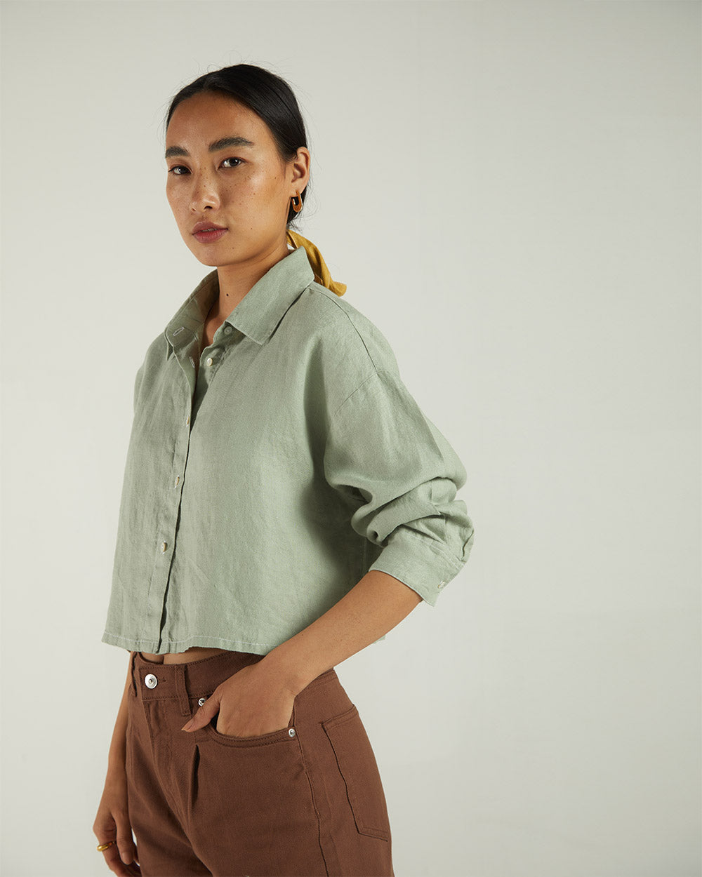 Olive Green Crop Top at Kamakhyaa by Reistor. This item is Bemberg, Casual Wear, Crop Tops, Green, Natural, Regular Fit, Shirts, Solids, Tops, Womenswear