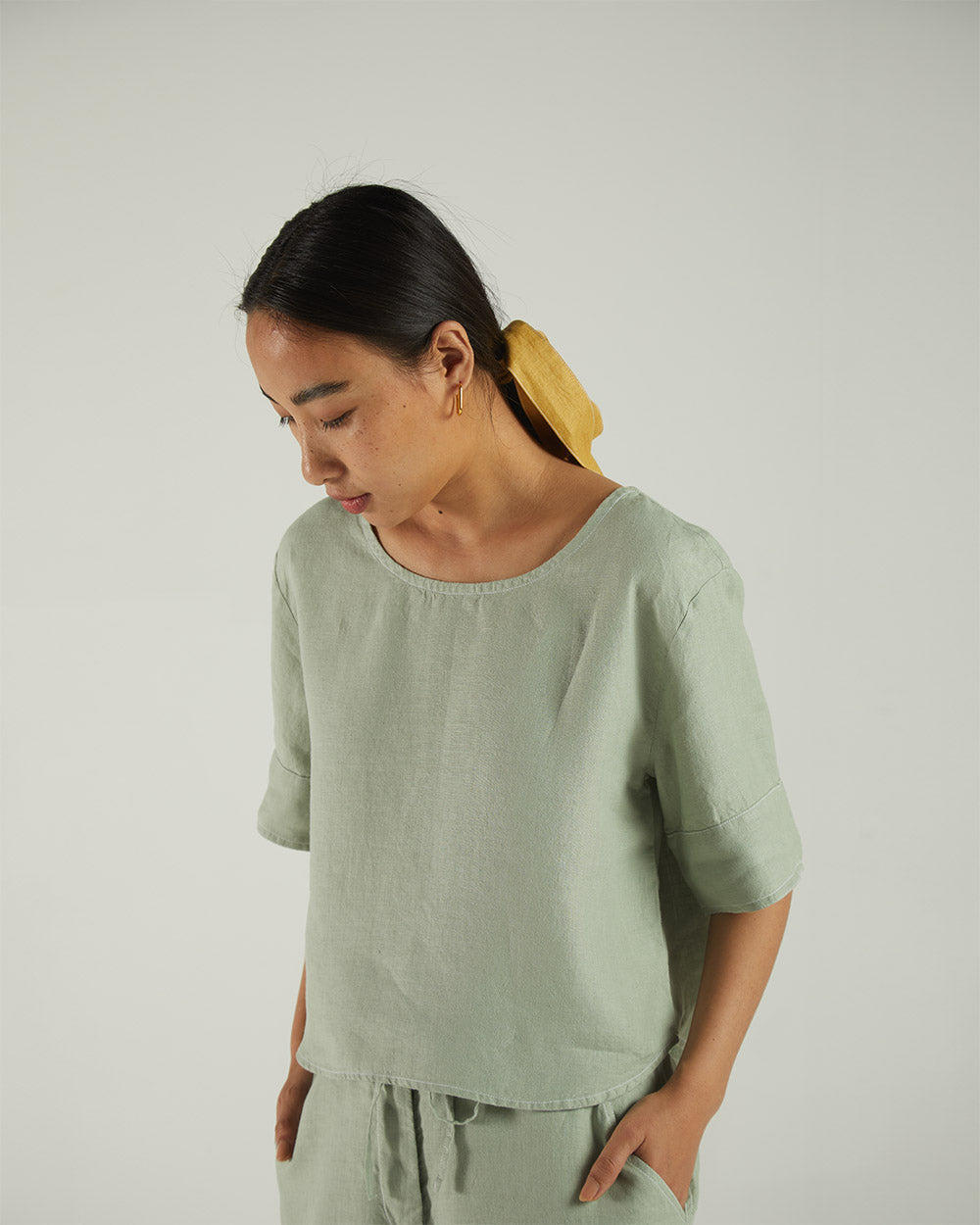 Olive Green Crop Top at Kamakhyaa by Reistor. This item is Bemberg, Casual Wear, Crop Tops, Green, Hemp, Natural, Regular Fit, Solids, Tops, Womenswear