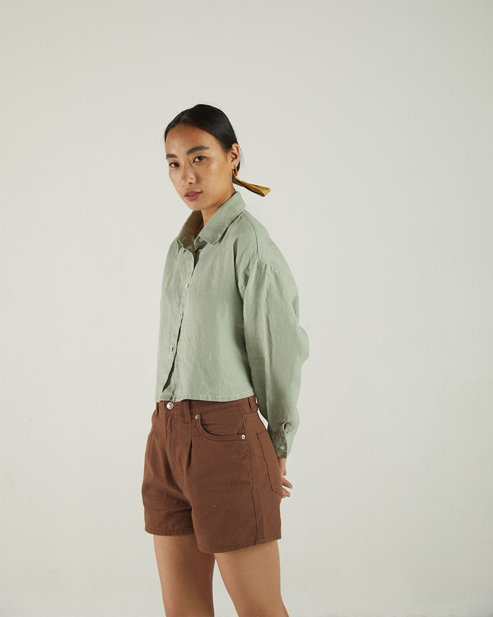 Olive Green Crop Top at Kamakhyaa by Reistor. This item is Bemberg, Casual Wear, Crop Tops, Green, Natural, Regular Fit, Shirts, Solids, Tops, Womenswear