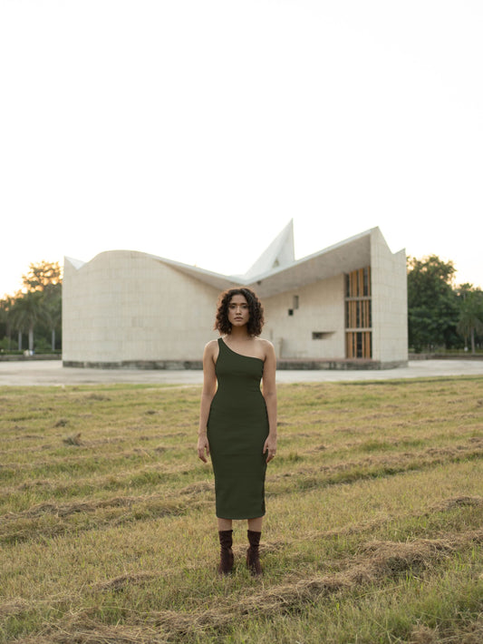 Olive Green Midi Dress at Kamakhyaa by Meko Studio. This item is Cotton, Evening Wear, July Sale, July Sale 2023, Midi Dresses, Olive Green, One Shoulder Dresses, Slim Fit, Solids, Tranquil AW-22/23, Womenswear