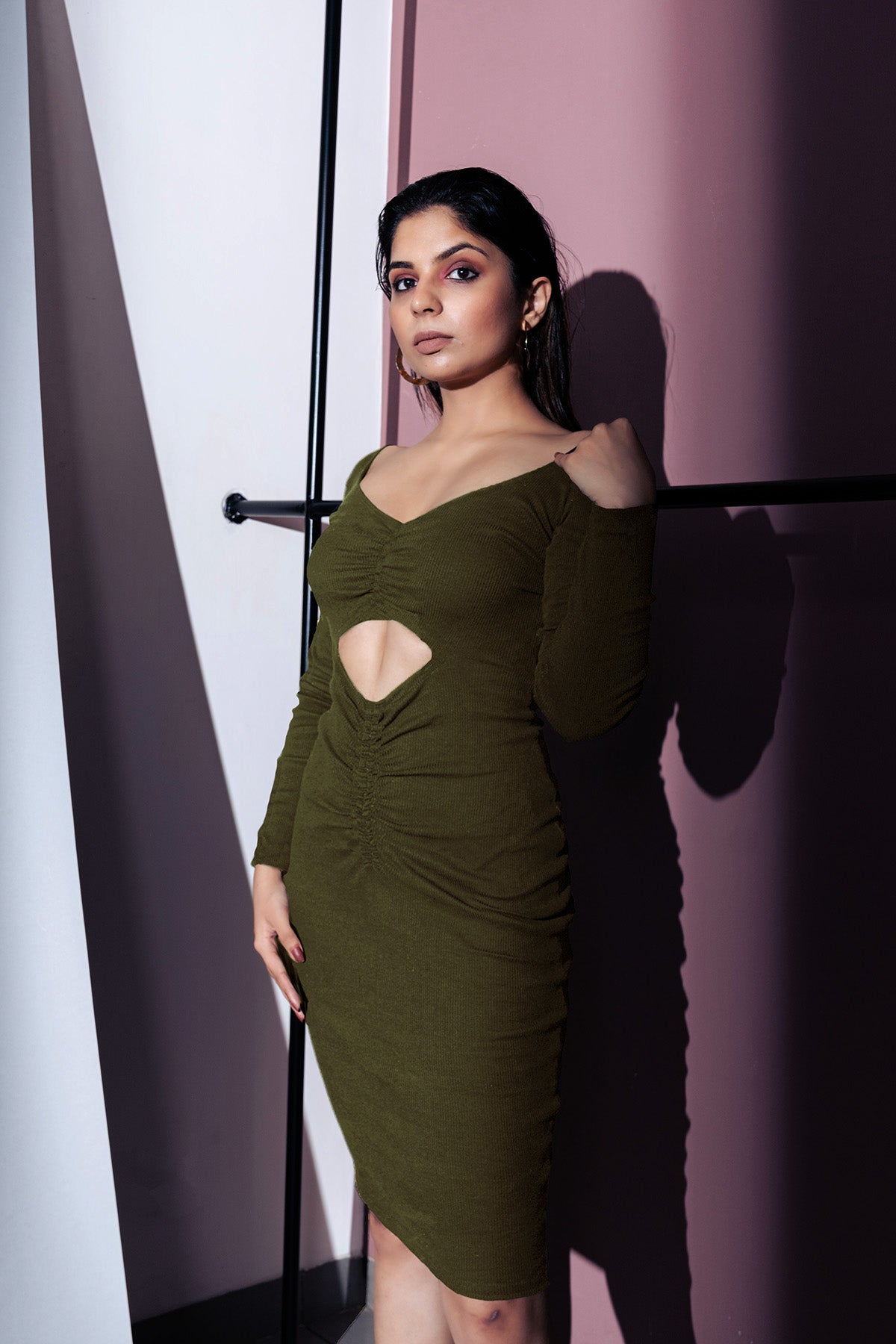 Olive Green Mini Dress at Kamakhyaa by Meko Studio. This item is Cut Out Dresses, Deadstock Fabrics, Evening Wear, For Birthday, July Sale, July Sale 2023, Mini Dresses, Olive Green, Reroot AW-21/22, Slim Fit, Solids, Womenswear