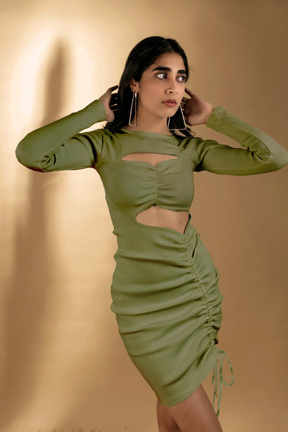 Olive Green Mini Dress at Kamakhyaa by Meko Studio. This item is Cut Out Dresses, Deadstock Fabrics, Evening Wear, July Sale, July Sale 2023, Mini Dresses, Olive Green, Reroot AW-21/22, Slim Fit, Solids, Womenswear