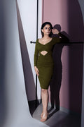 Olive Green Mini Dress at Kamakhyaa by Meko Studio. This item is Cut Out Dresses, Deadstock Fabrics, Evening Wear, For Birthday, July Sale, July Sale 2023, Mini Dresses, Olive Green, Reroot AW-21/22, Slim Fit, Solids, Womenswear