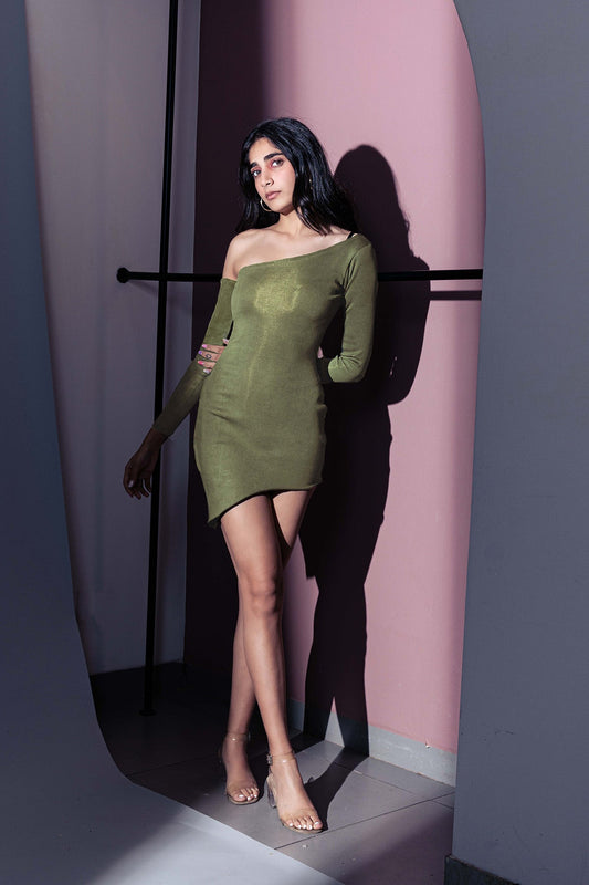 Olive Green Mini Dress at Kamakhyaa by Meko Studio. This item is Deadstock Fabrics, Evening Wear, For Birthday, For Her, July Sale, July Sale 2023, Mini Dresses, Olive Green, One Shoulder Dresses, Reroot AW-21/22, Slim Fit, Solid Selfmade, Solids, Womenswear