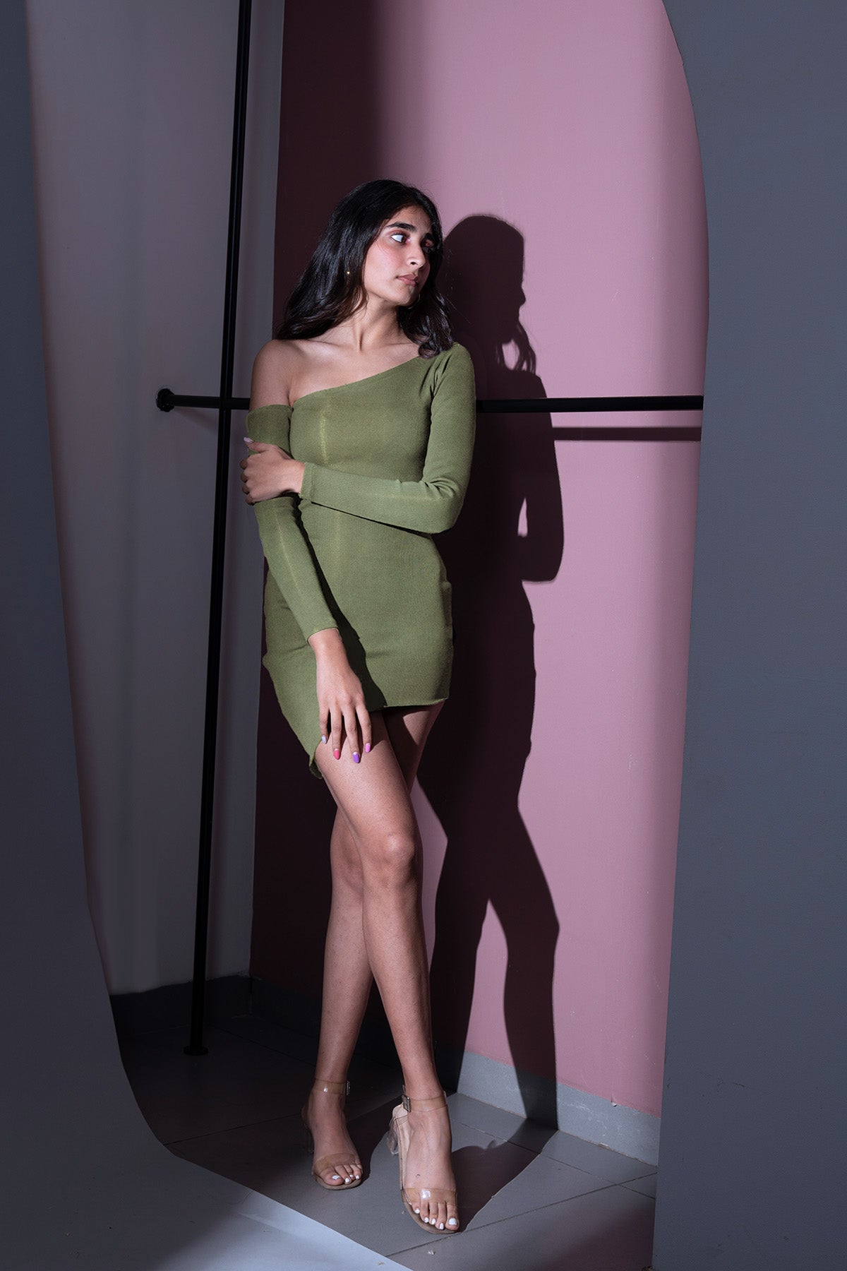 Olive Green Mini Dress at Kamakhyaa by Meko Studio. This item is Deadstock Fabrics, Evening Wear, For Birthday, For Her, July Sale, July Sale 2023, Mini Dresses, Olive Green, One Shoulder Dresses, Reroot AW-21/22, Slim Fit, Solid Selfmade, Solids, Womenswear