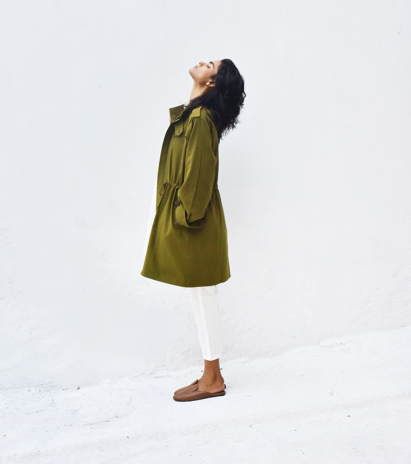 Olive Green Parka Jacket at Kamakhyaa by Khara Kapas. This item is Casual Wear, Green, Jackets, Organic, Relaxed Fit, Solids, Twill, Womenswear