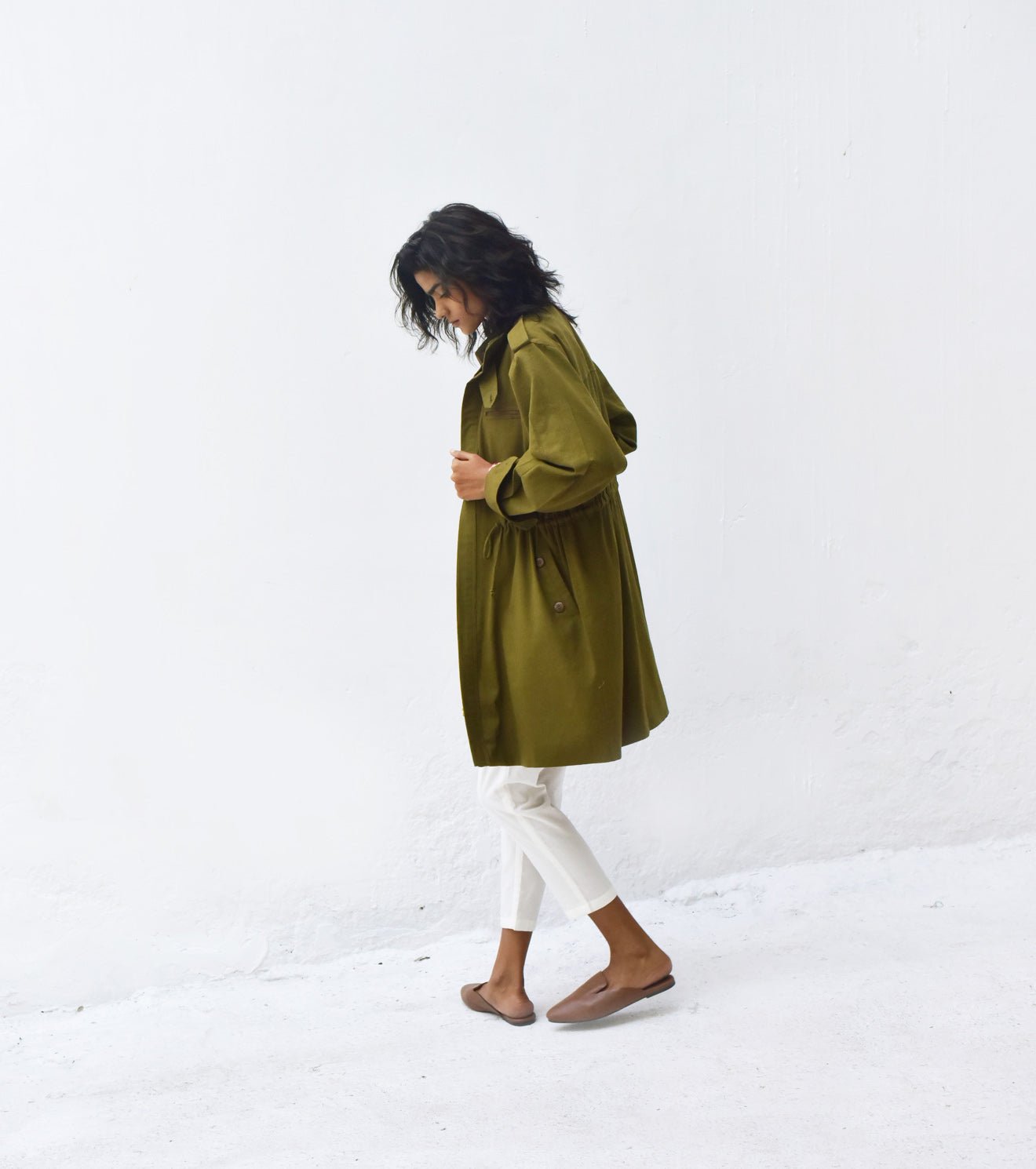 Olive Green Parka Jacket at Kamakhyaa by Khara Kapas. This item is Casual Wear, Green, Jackets, Organic, Relaxed Fit, Solids, Twill, Womenswear