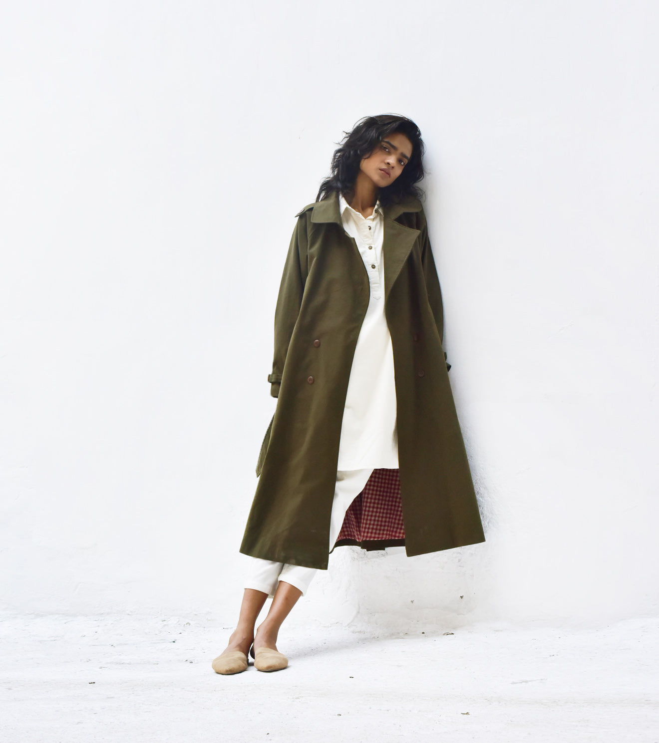 Olive Green Trench Coat at Kamakhyaa by Khara Kapas. This item is Casual Wear, Green, Heavy Twill, Organic, Regular Fit, Solids, Trench Coats, Womenswear