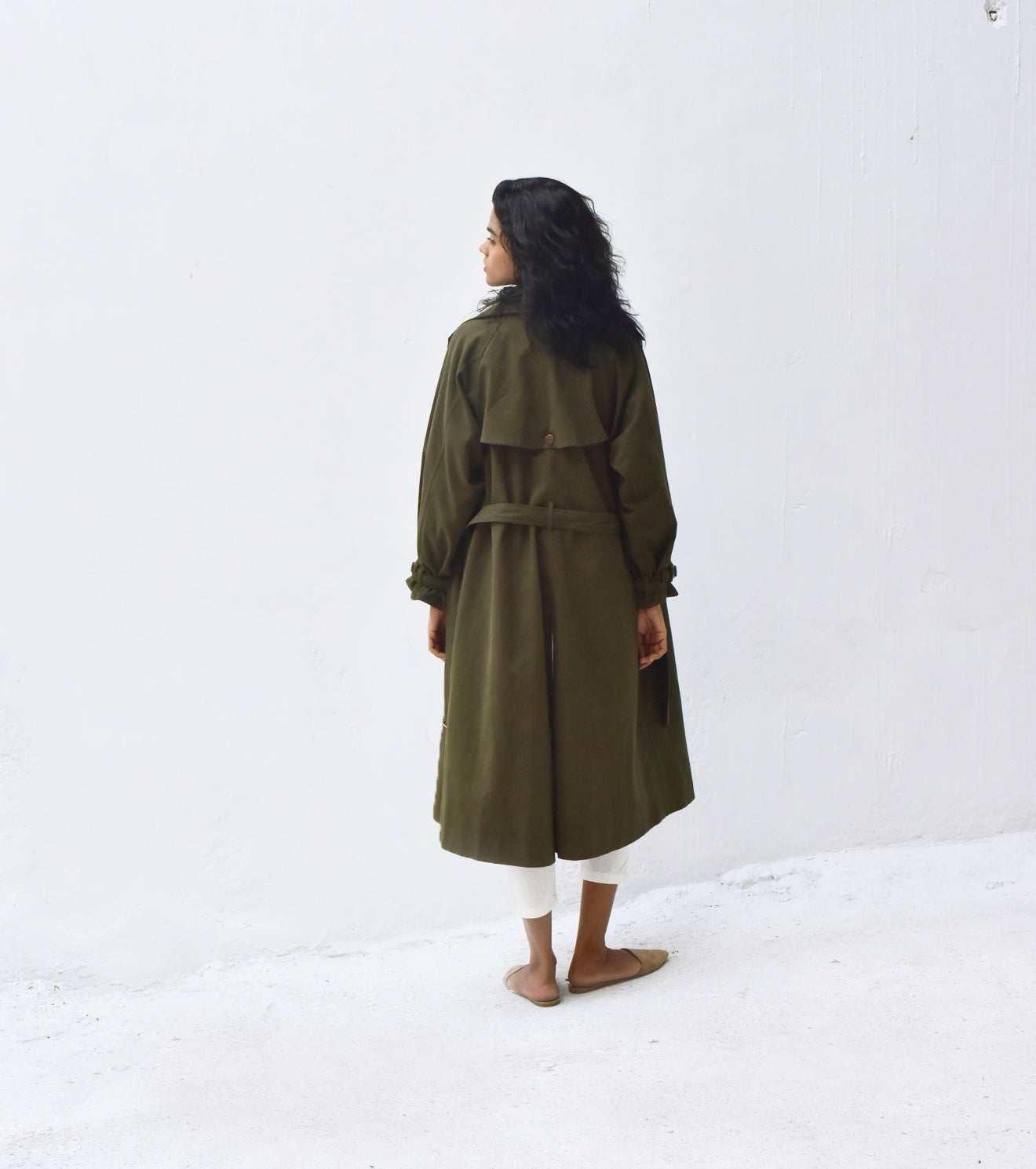Olive Green Trench Coat at Kamakhyaa by Khara Kapas. This item is Casual Wear, Green, Heavy Twill, Organic, Regular Fit, Solids, Trench Coats, Womenswear