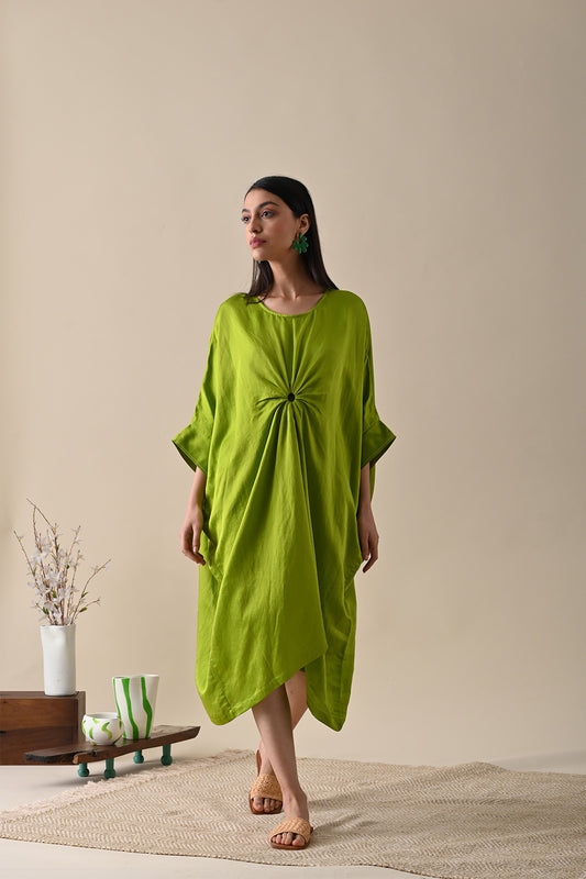 Olive Kaftan Dress at Kamakhyaa by Kanelle. This item is Dresses, July Sale, Kaftan Dresses, Kaftans, Life in Colours, Linen Satin, Midi Dresses, Natural with azo dyes, Olive Green, Relaxed Fit, Resort Wear, Solids, Womenswear