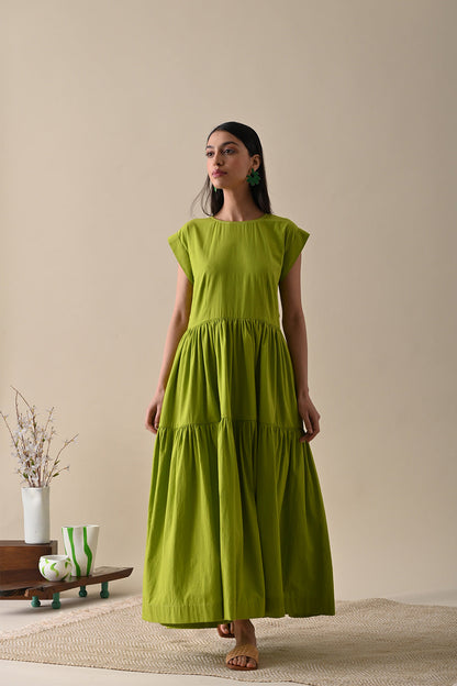 Olive Maxi Dress at Kamakhyaa by Kanelle. This item is Best Selling, Dresses, July Sale, Life in Colours, Maxi Dresses, Natural with azo dyes, Olive Green, Organic Cotton, Relaxed Fit, Resort Wear, Solids, Tiered Dresses, Womenswear