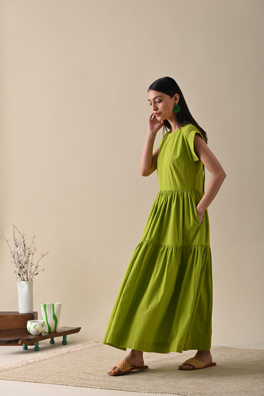 Olive Maxi Dress at Kamakhyaa by Kanelle. This item is Best Selling, Dresses, July Sale, Life in Colours, Maxi Dresses, Natural with azo dyes, Olive Green, Organic Cotton, Relaxed Fit, Resort Wear, Solids, Tiered Dresses, Womenswear