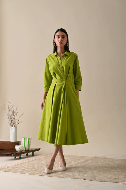 Olive Midi Dress at Kamakhyaa by Kanelle. This item is Best Selling, Casual Wear, Dresses, For Birthday, July Sale, Midi Dresses, Natural with azo dyes, Olive Green, Organic Cotton, Prints, Relaxed Fit, Womenswear
