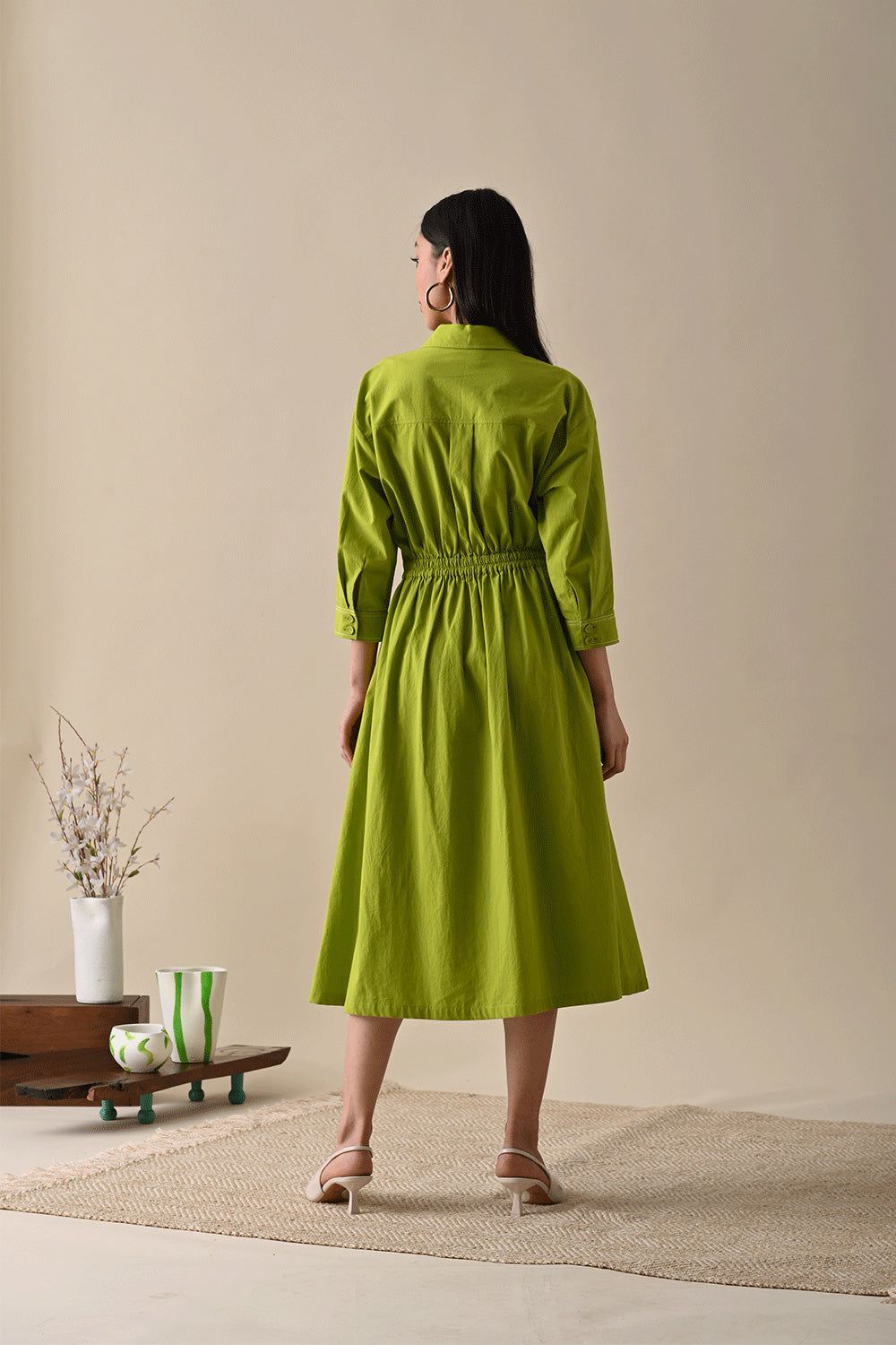 Olive Midi Dress at Kamakhyaa by Kanelle. This item is Best Selling, Casual Wear, Dresses, For Birthday, July Sale, Midi Dresses, Natural with azo dyes, Olive Green, Organic Cotton, Prints, Relaxed Fit, Womenswear