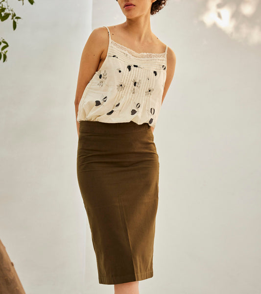 Olive Pencil Skirt at Kamakhyaa by Khara Kapas. This item is Casual Wear, For Birthday, Green, Mini Skirts, Oh! Sussana Spring 2023, Organic, Regular Fit, Skirts, Solids, Twill Cotton, Womenswear