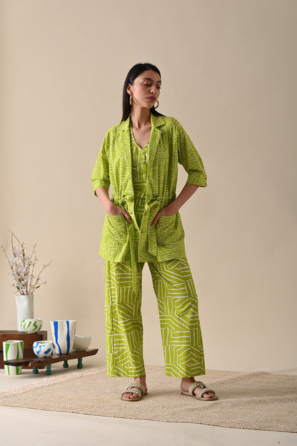 Olive Printed Co-ord Set at Kamakhyaa by Kanelle. This item is 100% Cotton, Best Selling, Casual Wear, Co-ord Sets, July Sale, Life in Colours, Natural with azo dyes, Office Wear Co-ords, Olive Green, Prints, Relaxed Fit, Vacation, Vacation Co-ords, Womenswear