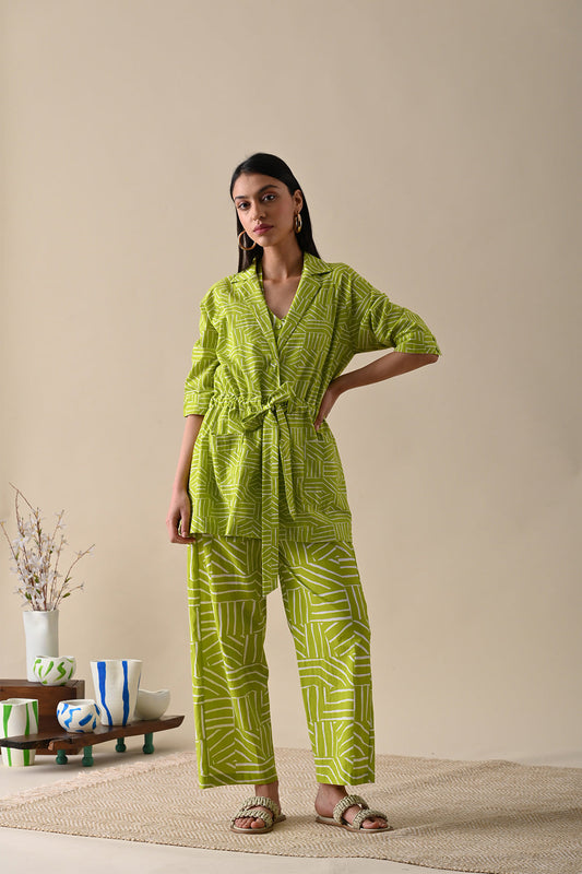 Olive Printed Co-ord Set at Kamakhyaa by Kanelle. This item is 100% Cotton, Best Selling, Casual Wear, Co-ord Sets, July Sale, Life in Colours, Natural with azo dyes, Office Wear Co-ords, Olive Green, Prints, Relaxed Fit, Vacation, Vacation Co-ords, Womenswear