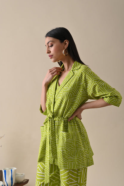 Olive Printed Jacket at Kamakhyaa by Kanelle. This item is 100% Cotton, Blazers, Casual Wear, July Sale, Life in Colours, Natural with azo dyes, Olive Green, Prints, Regular Fit, Womenswear