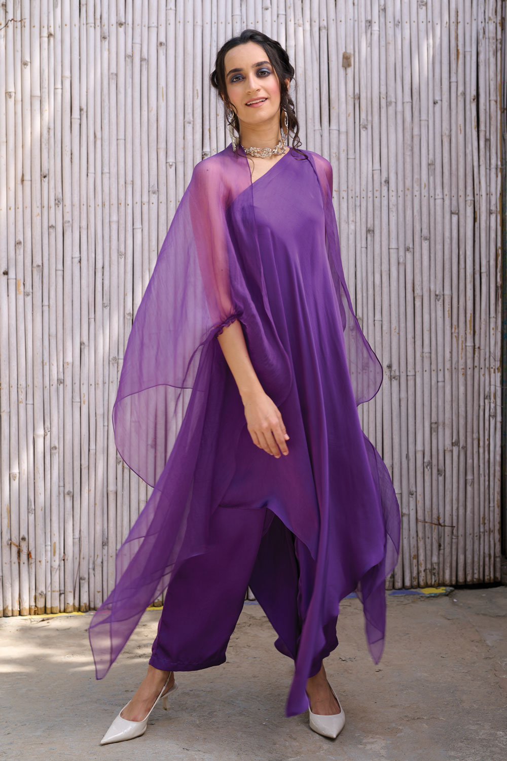One Shoulder Three Piece Set at Kamakhyaa by Kanelle. This item is Festive Wear, Hand Embroidered, Natural, One Shoulder, Organza, Partywear Co-ord, Partywear Co-ords, Purple, Rang, Regular Fit, Solid, Womenswear
