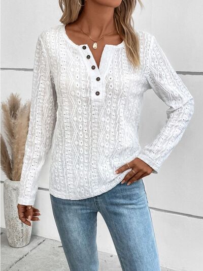 Openwork Half Button Long Sleeve Blouse at Kamakhyaa by Trendsi. This item is F@R@Y@J, Ship From Overseas, Trendsi, Womenswear