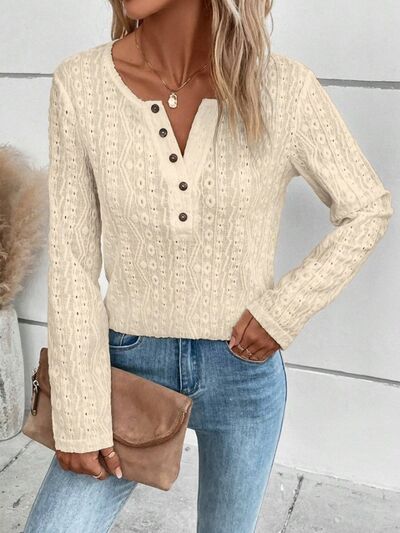 Openwork Half Button Long Sleeve Blouse at Kamakhyaa by Trendsi. This item is F@R@Y@J, Ship From Overseas, Trendsi, Womenswear