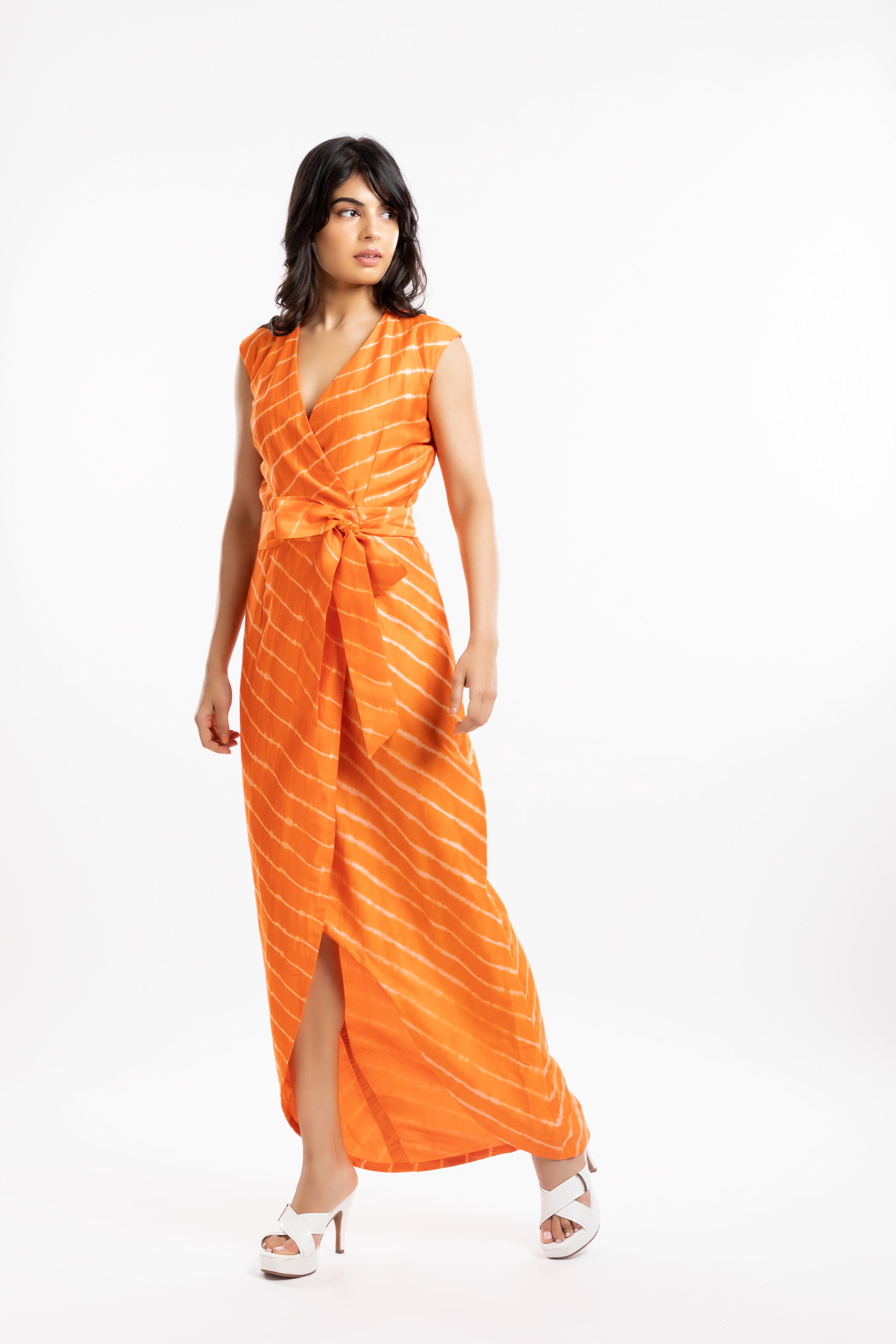 Orange Belted Dress at Kamakhyaa by House Of Ara. This item is Casual Wear, Chanderi, Leheriya, Leheriya Collection, Natural, Orange, Regular Fit, Stripes, Womenswear, Wrap Dresses