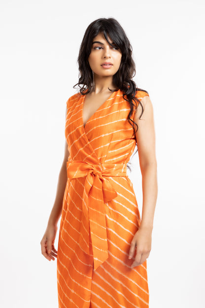 Orange Belted Dress at Kamakhyaa by House Of Ara. This item is Casual Wear, Chanderi, Leheriya, Leheriya Collection, Natural, Orange, Regular Fit, Stripes, Womenswear, Wrap Dresses