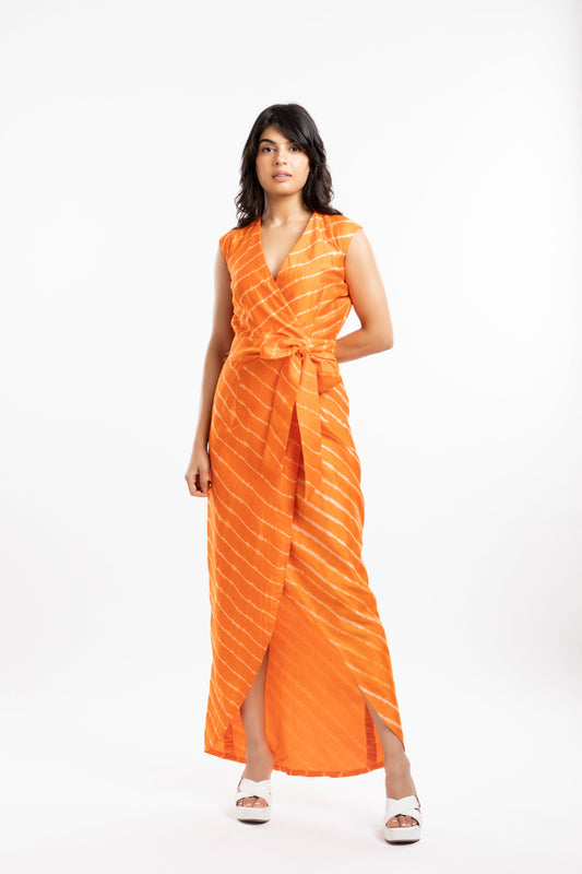 Orange Belted Dress at Kamakhyaa by House Of Ara. This item is Casual Wear, Chanderi, Leheriya, Leheriya Collection, Natural, Orange, Regular Fit, Stripes, Womenswear, Wrap Dresses