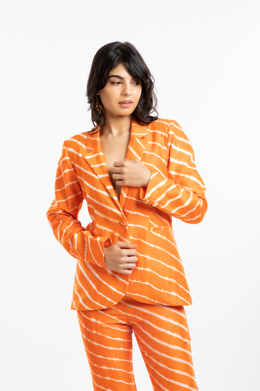 Orange Blazer at Kamakhyaa by House Of Ara. This item is Blazers, Casual Wear, Chanderi, Cotton, Leheriya, Leheriya Collection, Mulmul, Natural, Orange, Regular Fit, Silk, Stripes, Womenswear