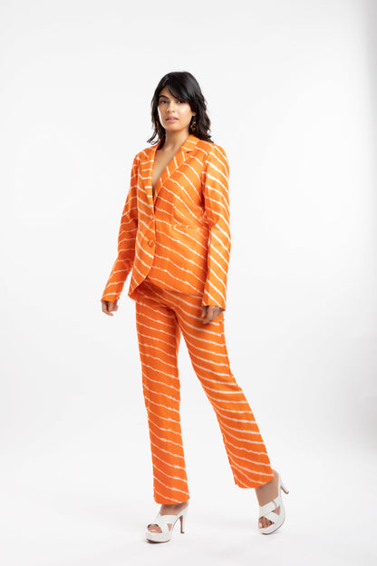 Orange Blazer at Kamakhyaa by House Of Ara. This item is Blazers, Casual Wear, Chanderi, Cotton, Leheriya, Leheriya Collection, Mulmul, Natural, Orange, Regular Fit, Silk, Stripes, Womenswear