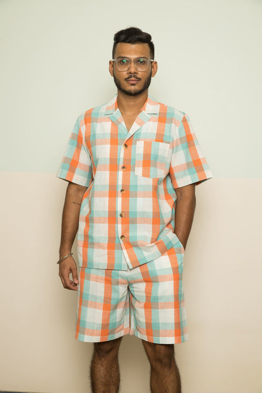 Orange Checks Mens Co-ord at Kamakhyaa by Anushé Pirani. This item is 100% Cotton, Casual Wear, Checks, Handwoven, Handwoven Cotton, Lounge Wear Co-ords, Orange, Regular Fit, The Co-ord Edit, Womenswear