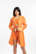Orange Coat at Kamakhyaa by House Of Ara. This item is Casual Wear, Chanderi, Coats, Cotton, Leheriya, Leheriya Collection, Natural, Orange, Regular Fit, Silk, Stripes, Womenswear