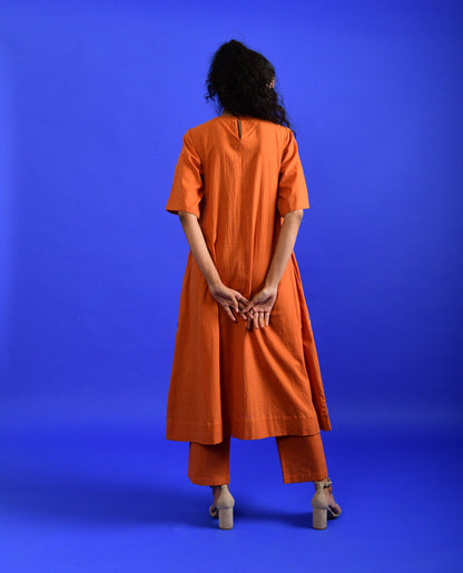 Orange Cotton Co-ord Set at Kamakhyaa by Rias Jaipur. This item is Casual Wear, Co-ord Sets, Handloom Cotton, Handspun, Handwoven, Hue, Orange, Regular Fit, Stripes, Travel, Travel Co-ords, Womenswear