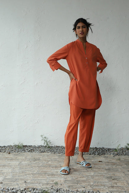 Orange Cotton Poplin Co-ord set at Kamakhyaa by Canoopi. This item is Canoopi, Casual Wear, Complete Sets, Loungewear Co-Ords, Natural, Orange, Poplin, Regular Fit, Solids, Womenswear