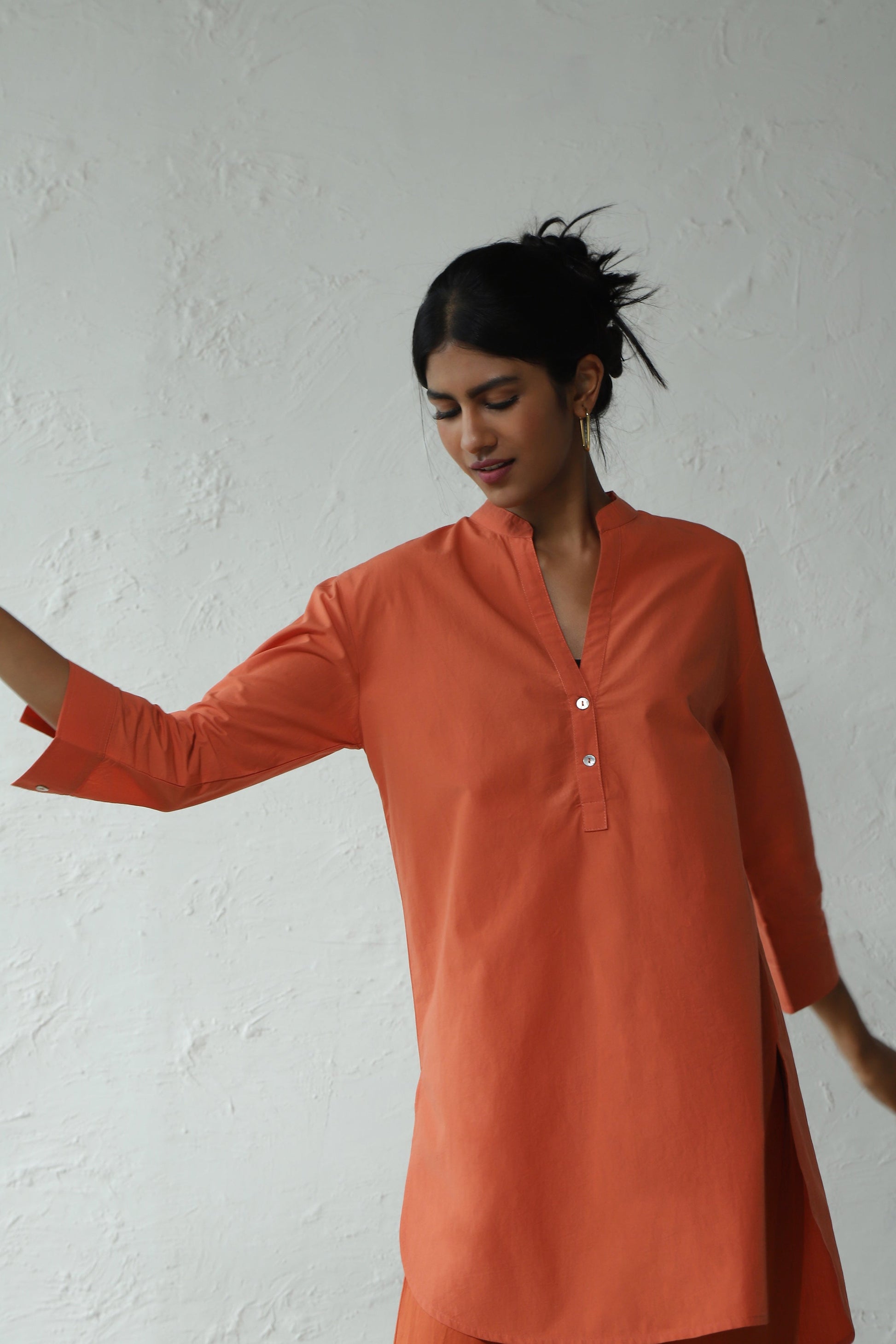 Orange Cotton Poplin Co-ord set at Kamakhyaa by Canoopi. This item is Canoopi, Casual Wear, Complete Sets, Loungewear Co-Ords, Natural, Orange, Poplin, Regular Fit, Solids, Womenswear