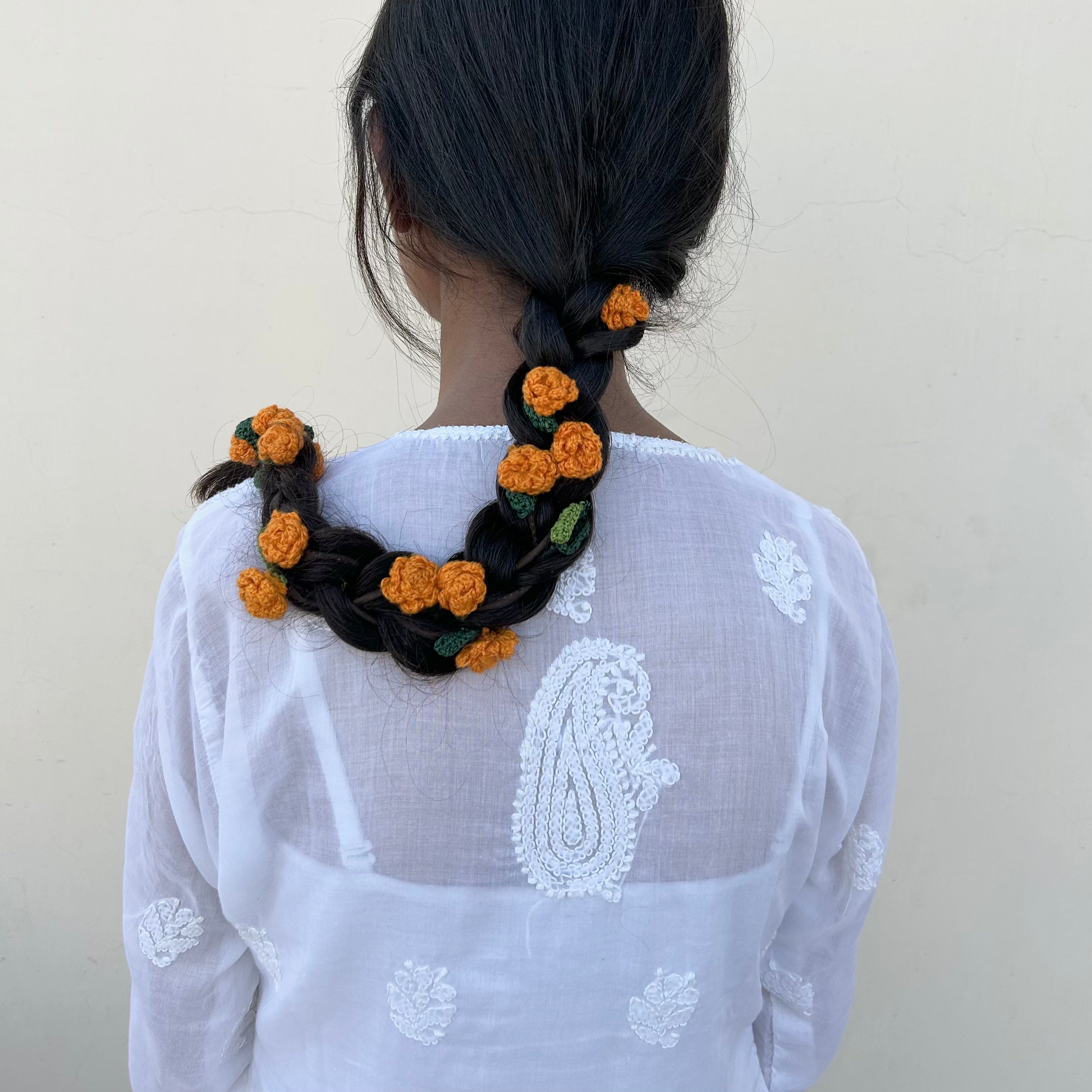 Orange Crochet Hair Parandi at Kamakhyaa by Ikriit'm. This item is Accessories, Cotton yarn, Crochet, Free Size, Hair Accessories, Ikriit'm, Natural, Orange