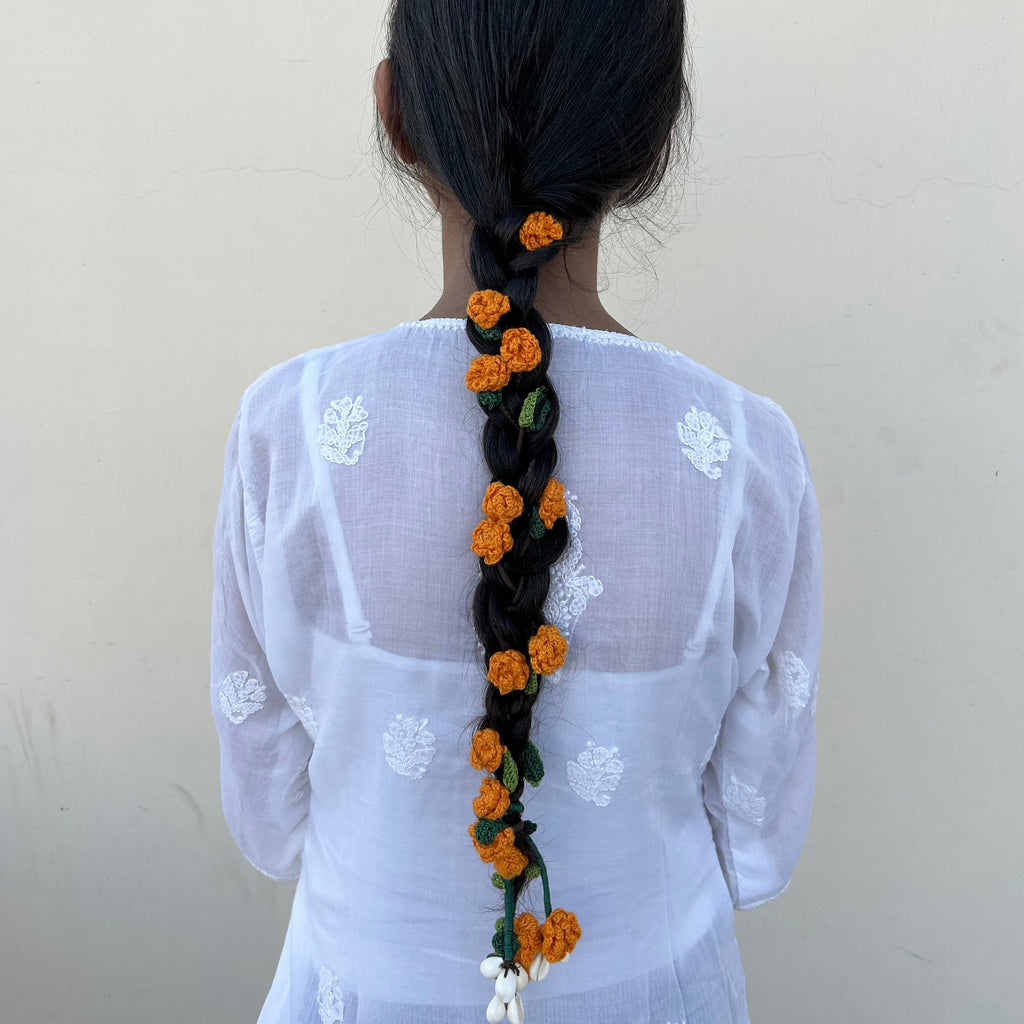 Orange Crochet Hair Parandi at Kamakhyaa by Ikriit'm. This item is Accessories, Cotton yarn, Crochet, Free Size, Hair Accessories, Ikriit'm, Natural, Orange