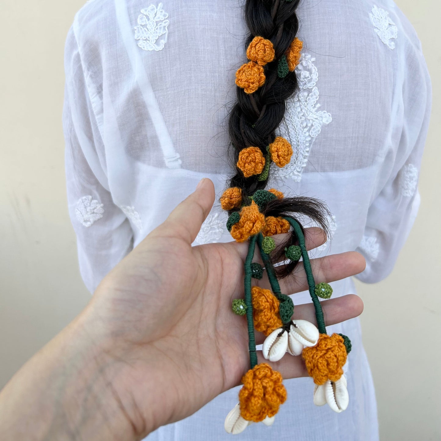 Orange Crochet Hair Parandi at Kamakhyaa by Ikriit'm. This item is Accessories, Cotton yarn, Crochet, Free Size, Hair Accessories, Ikriit'm, Natural, Orange
