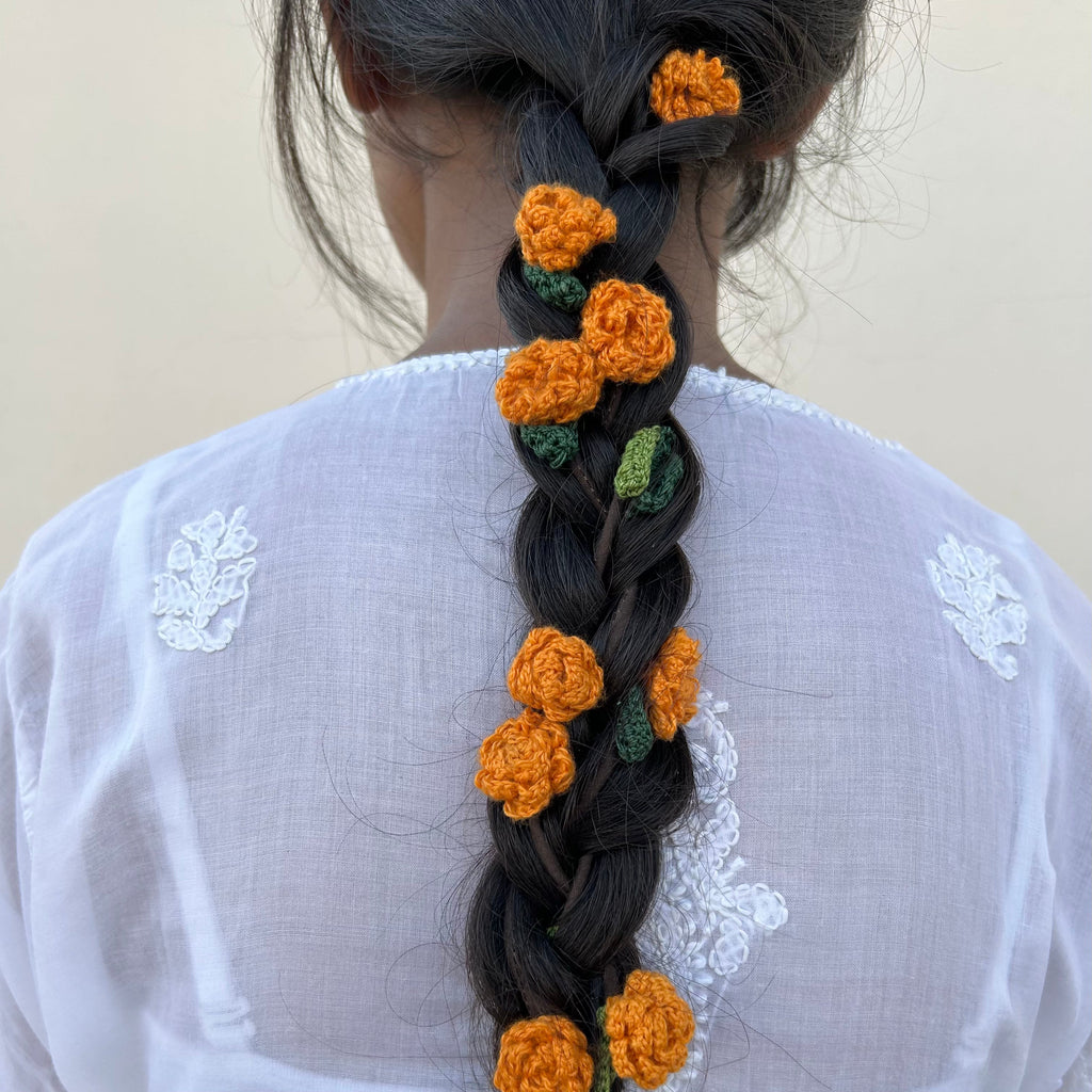 Orange Crochet Hair Parandi at Kamakhyaa by Ikriit'm. This item is Accessories, Cotton yarn, Crochet, Free Size, Hair Accessories, Ikriit'm, Natural, Orange