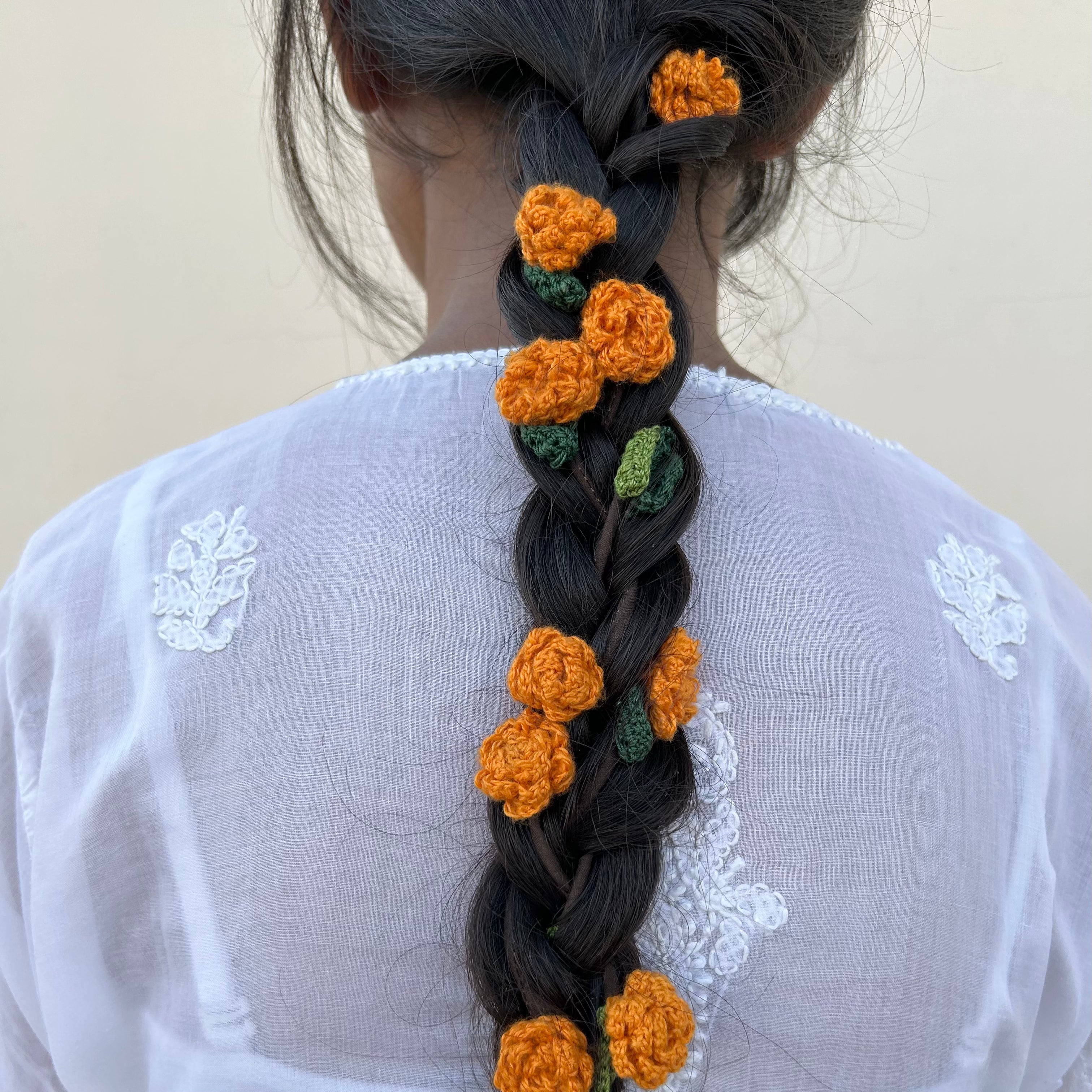 Orange Crochet Hair Parandi at Kamakhyaa by Ikriit'm. This item is Accessories, Cotton yarn, Crochet, Free Size, Hair Accessories, Ikriit'm, Natural, Orange