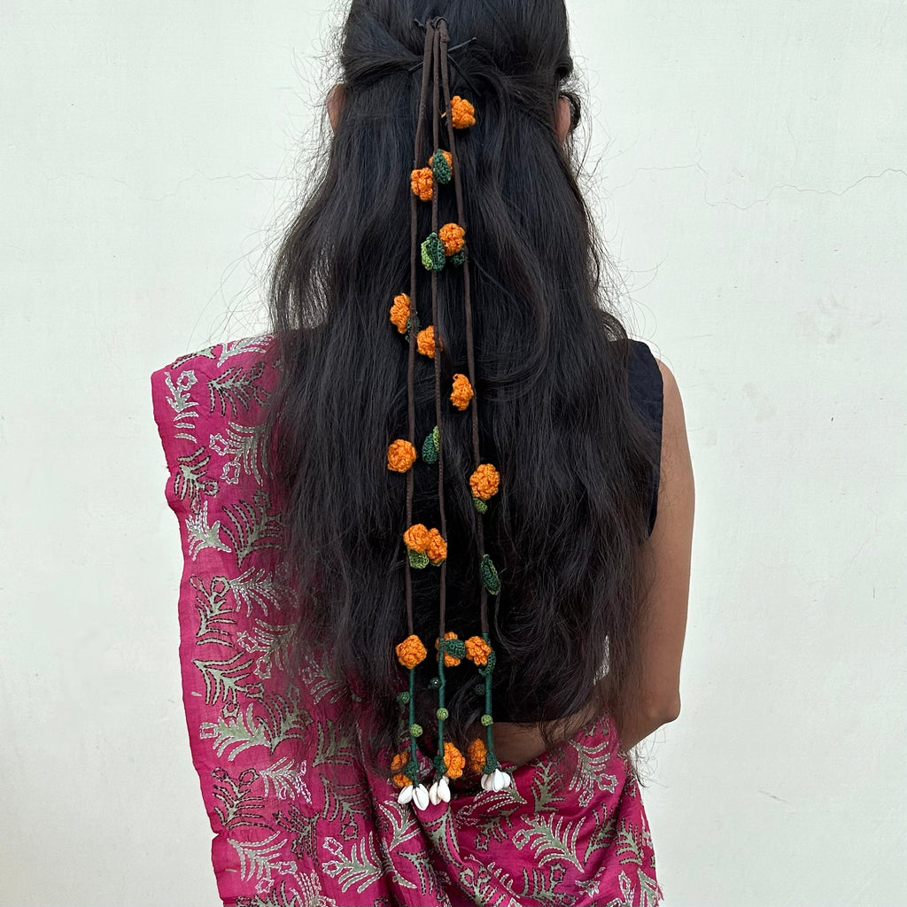 Orange Crochet Hair Parandi at Kamakhyaa by Ikriit'm. This item is Accessories, Cotton yarn, Crochet, Free Size, Hair Accessories, Ikriit'm, Natural, Orange