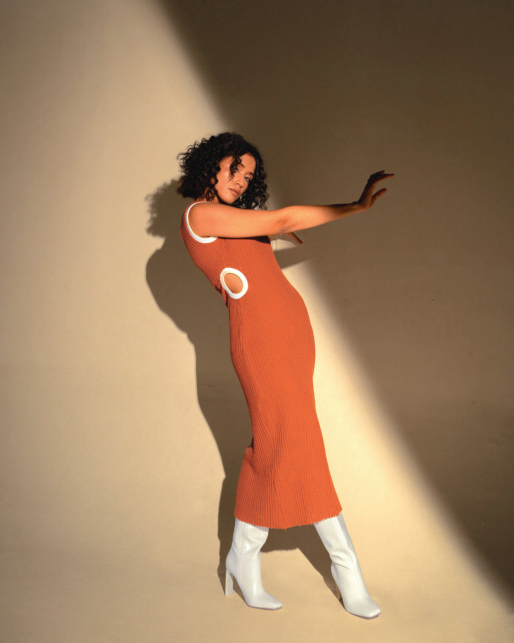 Orange Midi Dress at Kamakhyaa by Meko Studio. This item is Cut Out Dresses, Evening Wear, Hand Knitted, July Sale, July Sale 2023, Midi Dresses, Orange, Recycled Cotton, Recycled Polyster, Sleeveless Dresses, Slim Fit, Solids, Tranquil AW-22/23, Womenswear